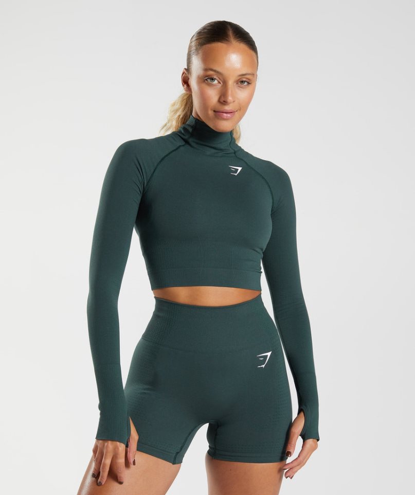 Women\'s Gymshark Vital Seamless 2.0 High Neck Midi Cropped Tops Dark Green | NZ 1OKPSV